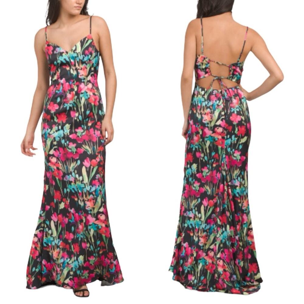 Liv Foster Dress Floral Printed Satin Long Maxi Open Lace Up Back Mermaid NEW